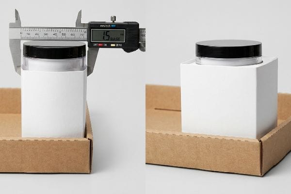 Ein digitaler Messschieber misst einen durchsichtigen Kosmetiktiegel in einem weißen Karton und zeigt als Verpackungstoleranz „1,5 Ausbeulung“ an.