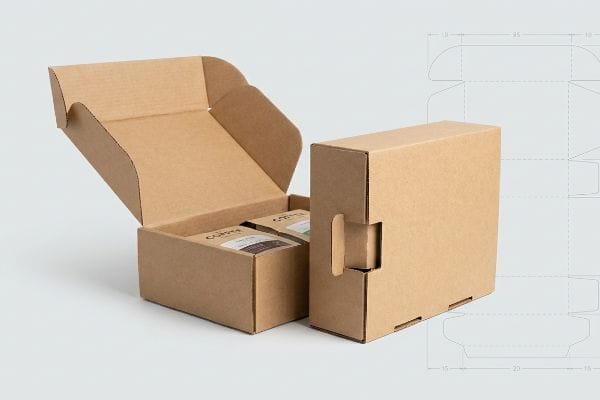 Kraft corrugated coffee subscription boxes, one open revealing "Coffee" pouches, one closed showcasing interlocking tabs with a faint die-line blueprint.