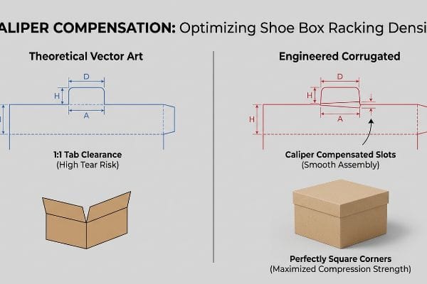 Caliper Compensation for shoe boxes: Theoretical Vector Art (high tear risk) vs. Engineered Corrugated (smooth assembly, perfectly square corners).