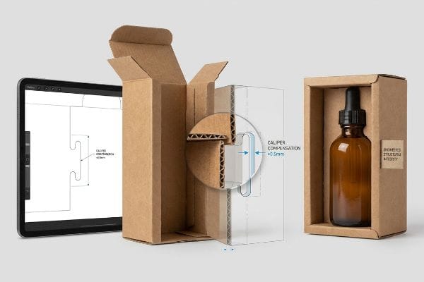 تغليف تعويض الفرجار تصميم عبوة مموجة بنية اللون مع خط قطع، وصندوق مفتوح، وصندوق زجاجة قطارة نهائي، يتميز بتعويض الفرجار +0.5 مم من أجل السلامة الهيكلية الهندسية.