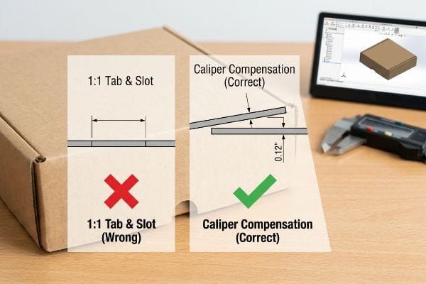 Corrugated box with diagrams contrasting incorrect 1:1 Tab & Slot with correct Caliper Compensation, showing a 0.12-inch bend allowance for material thickness.