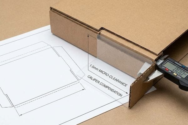 Caliper Compensation Measurement Digital caliper measuring 1.5mm Micro-Clearance and Caliper Compensation on a folded cardboard box next to its dieline.