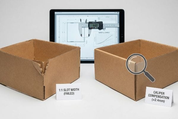 Caliper Compensation Comparison Corrugated boxes show 1:1 Slot Width (Failed) vs. Caliper Compensation (+2.4mm), with a digital caliper and dieline on a tablet.
