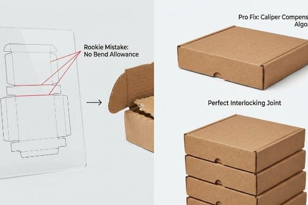 Mailer Box Compensation Corrugated mailer box design comparison: Rookie Mistake (No Bend Allowance) vs. Pro Fix (Caliper Compensation Algorithm) for a Perfect Interlocking Joint.