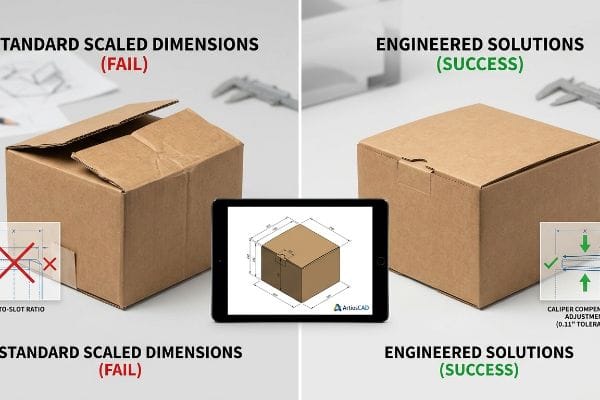 Engineered Box Dimensions Success Cardboard boxes illustrate failed Standard Scaled Dimensions versus successful Engineered Solutions, with an ArtiosCAD tablet showing 0.11" caliper compensation adjustment.