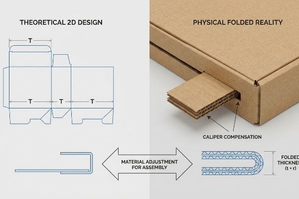 Corrugated box dieline and folded reality demonstrating caliper compensation, material adjustment for assembly, and folded thickness (t+r) for precise fit.