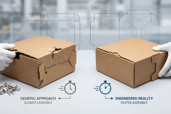 Brown corrugated die-cut boxes, one showing Generic Approach Slower Assembly with tearing, contrasted with Engineered Reality Faster Assembly for seamless fit.