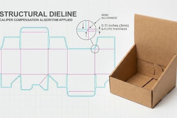 Structural Dieline with Caliper Compensation Algorithm Applied, showing 0.11 inches (3mm) B-Flute Thickness and Bend Allowance for a brown corrugated display box.