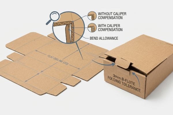 Brown corrugated cardboard shows a flat dieline and an assembled box, highlighting bend allowance, caliper compensation, and 3mm B-Flute folding tolerance.