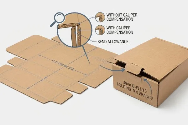 El cartón corrugado marrón muestra una línea de troquelado plana y una caja ensamblada, destacando el margen de flexión, la compensación del calibre y la tolerancia de plegado de 3 mm para la flauta B.