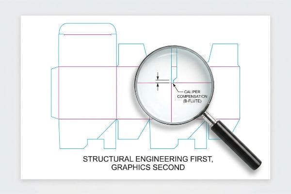 Caliper Compensation Dieline A magnifying glass highlights Caliper Compensation for B-Flute on a box dieline, emphasizing Structural Engineering First, Graphics Second.