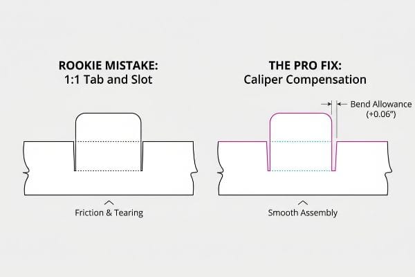 Caliper Compensation Fix A diagram contrasts the Rookie Mistake 1:1 Tab and Slot, leading to Friction & Tearing, with The Pro Fix Caliper Compensation, featuring Bend Allowance (+0.06") for Smooth Assembly.