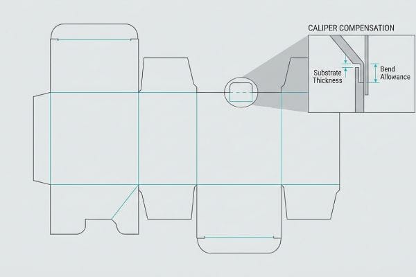 Magnified inset on a box die line shows Caliper Compensation, detailing Substrate Thickness and Bend Allowance for precise packaging assembly.