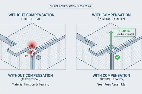 Caliper Compensation in Box Design diagram showing material friction and tearing without compensation versus seamless assembly with a 0.06-inch bend allowance.