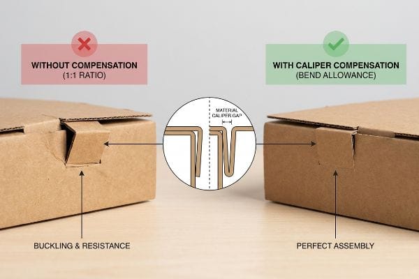 Caliper Compensation Box Assembly Brown cardboard box flaps compare buckling from 1:1 ratio without compensation to perfect assembly with caliper compensation and bend allowance, showing material gap.