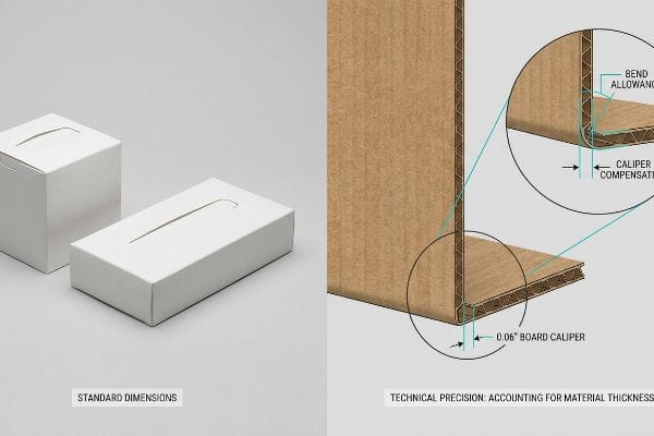 White tissue boxes and corrugated board diagram detailing Bend Allowance, Caliper Compensation, and 0.06" Board Caliper.