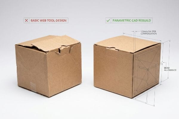 Two brown cardboard boxes illustrate the difference between Basic Web Tool Design and a precisely engineered Parametric CAD Rebuild, highlighting 1.5mm Caliper Compensation and Bend Allowance.
