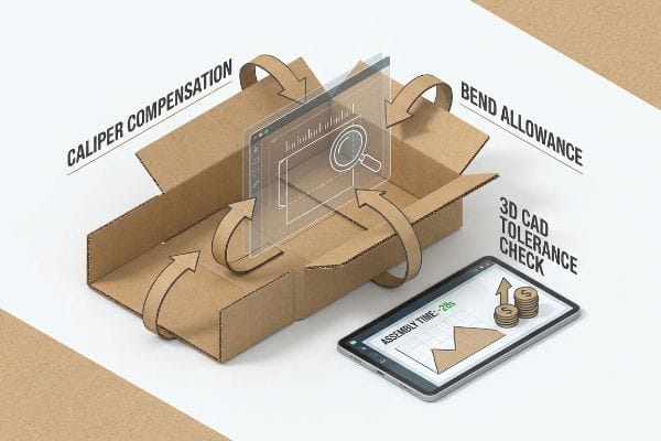 Corrugated cardboard box with arrows illustrating Caliper Compensation, Bend Allowance, and 3D CAD Tolerance Check, reducing Assembly Time by 28s.