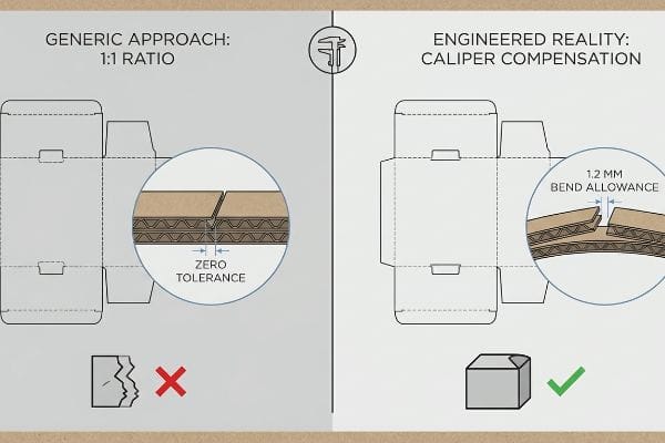 Caliper Compensation Dieline Corrugated packaging dieline comparison: Generic Approach 1:1 Ratio with Zero Tolerance causing tears, vs. Engineered Reality Caliper Compensation with 1.2 MM Bend Allowance for perfect assembly.
