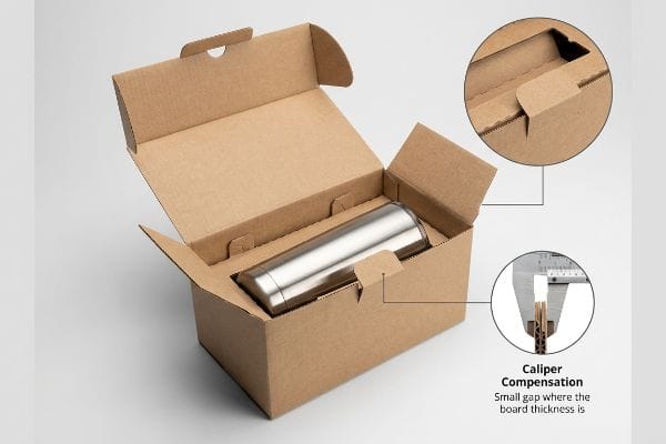 Brown corrugated box with silver tumbler, showing die-cut locking and caliper measuring board for Caliper Compensation.