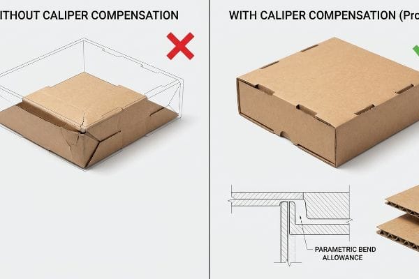 Caliper Compensation Comparison Distorted corrugated box without Caliper Compensation versus a perfectly formed box with Parametric Bend Allowance.