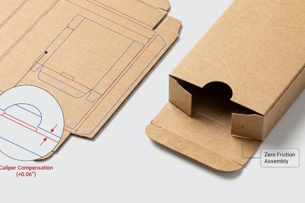 Caliper Compensation Box Natural kraft paperboard dieline showing Caliper Compensation (+0.06") detail, alongside an assembled tuck box demonstrating Zero Friction Assembly.
