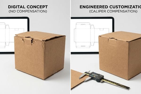 Caliper Compensation Comparison Brown corrugated boxes comparing a Digital Concept (No Compensation) with torn interlocking tabs to a precisely Engineered Customization (Caliper Compensation) with a digital caliper.