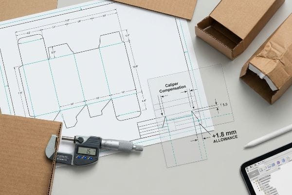 A digital micrometer measures 1.5mm corrugated board on a dieline blueprint, highlighting Caliper Compensation and a +1.8 mm Allowance for packaging.