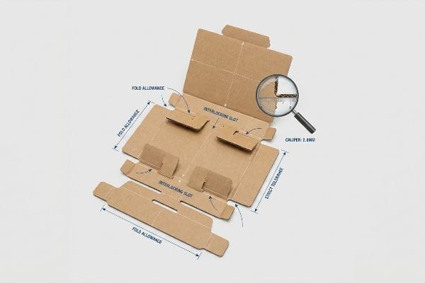 Box Dieline Caliper Detail Brown cardboard box dieline with Fold Allowance, Interlocking Slot, and Strict Tolerance, showing 2.8mm corrugated board caliper.