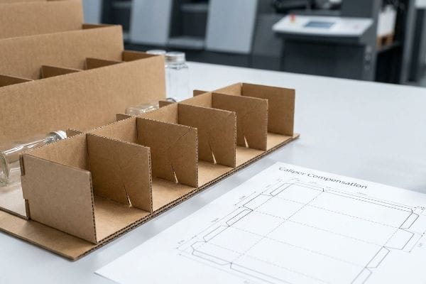 E-flute corrugated board dividers for glass spice bottles, displayed with a Caliper Compensation dieline drawing.
