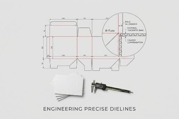 Precise Dieline Engineering B-flute corrugated box dieline, 3mm material thickness, Fold Allowance, Caliper Compensation, and digital caliper.