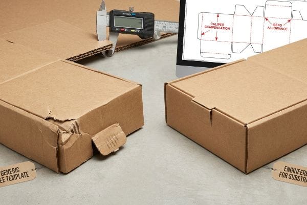 Torn 'Generic Free Template' box, perfect 'Engineered For Substrate' box, caliper, die-line compensation.