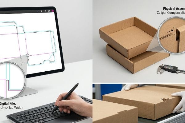 Corrugated cardboard packaging design showing a digital dieline with "Not-to-Tab Width" detail, alongside physical trays, a caliper, and a "Caliper Compensation" close-up for tab fit.