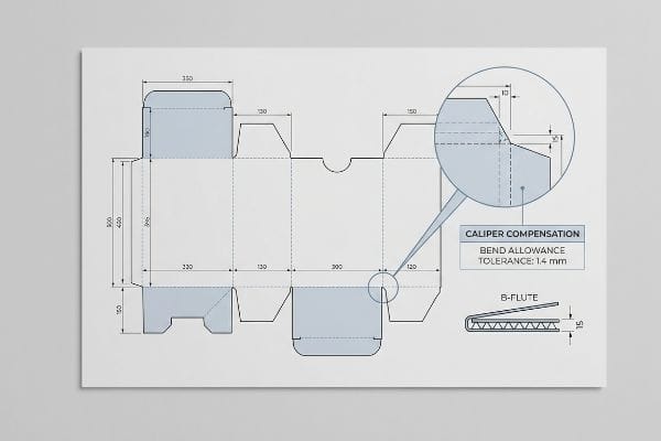 A detailed technical dieline for corrugated packaging design, illustrating Caliper Compensation, Bend Allowance Tolerance of 1.4 mm, and a B-Flute cross-section with 1.5 mm thickness.