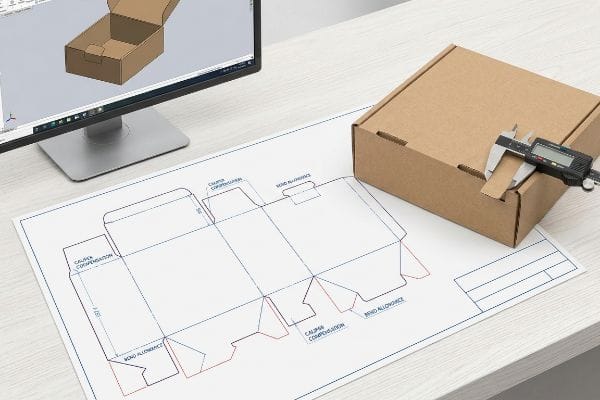 Linha de corte personalizada para engenharia de caixas Paquímetro digital medindo uma caixa de papelão ondulado, com um desenho técnico CAD exibindo a compensação de calibre e a tolerância de dobra, e um modelo 3D da caixa na tela.