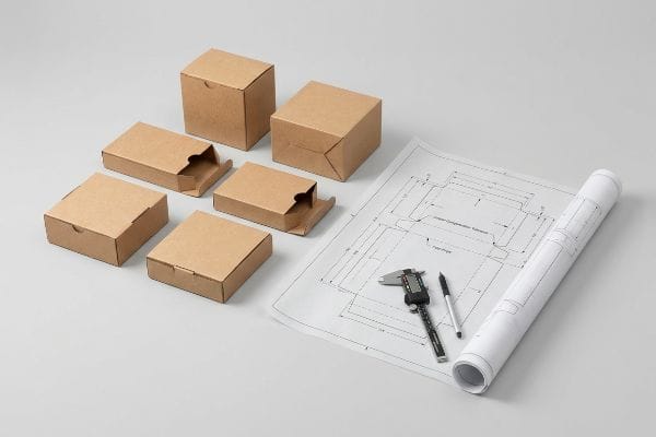 Brown kraft paper tuck boxes, a blueprint with Caliper Compensation Dieline, and a digital caliper for packaging design.