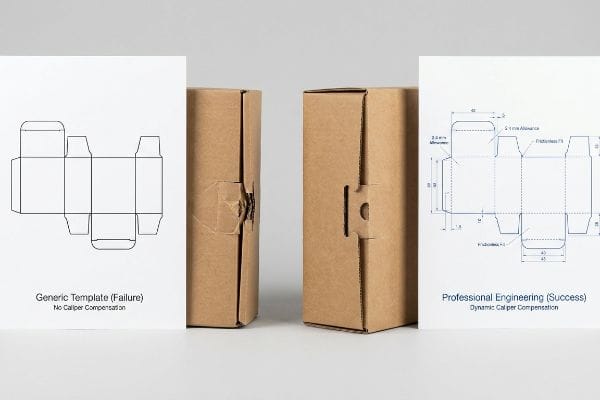 Generic dieline failure (damaged tab) vs. professional engineering success (perfect tab) with caliper compensation.
