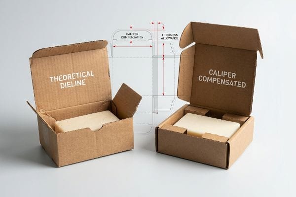 Caliper Compensation Dieline Comparison Two corrugated boxes, "Theoretical Dieline" and "Caliper Compensated", holding soap bars, with a dieline diagram showing caliper compensation.