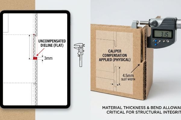 Ranura de 3 mm sin compensación (plana) en contraste con la ranura de 4,5 mm con compensación de calibre aplicada (física) en caja de cartón corrugado.
