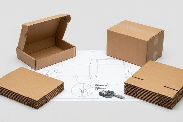 Brown corrugated mailer, shipping box, and flat blanks with a micrometer on a dieline blueprint showing Caliper Compensation.
