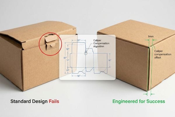 Caliper Compensation Packaging Brown corrugated boxes: 'Standard Design Fails' (misaligned tab) versus 'Engineered for Success' (1mm Caliper Compensation Offset) with dieline blueprint.