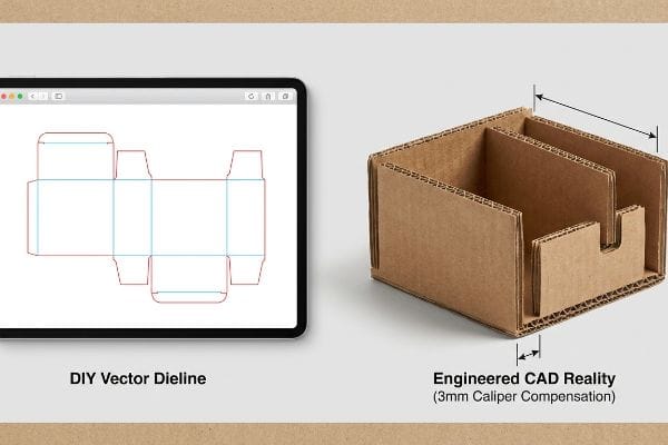 Corrugated box with dividers shows 'Engineered CAD Reality' and 3mm Caliper Compensation, contrasting 'DIY Vector Dieline' on a tablet.