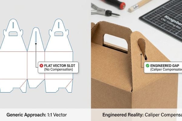 Caliper Compensated Gable Box Corrugated gable box handle comparison: Flat Vector Slot (No Compensation) vs. Engineered Gap (Caliper Compensated).