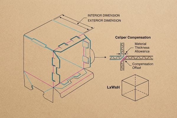 Caliper Compensation Dieline Caliper Compensation diagram for corrugated box dieline, showing Interior, Exterior Dimensions, Material Thickness Allowance, and Compensation Offset.