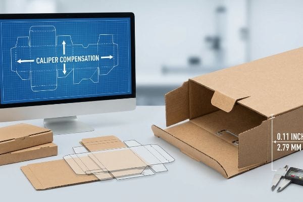 Caliper Compensation Dieline Corrugated box dieline on a monitor showing Caliper Compensation, with flat cardboard templates and an assembled box measured at 0.11 Inch (2.79 MM) thickness.