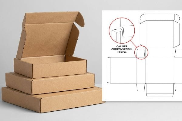Mailer Box Dieline Compensation Brown E-flute corrugated mailer boxes stacked next to a dieline illustrating Caliper Compensation: +1.5mm for precise assembly.