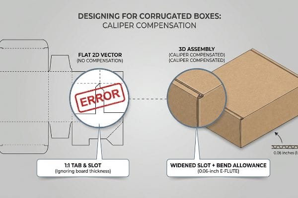 Box Caliper Compensation Corrugated box caliper compensation diagram: 2D vector 'Error' (1:1 tab/slot) vs. 3D assembly (0.06-inch E-flute bend allowance).