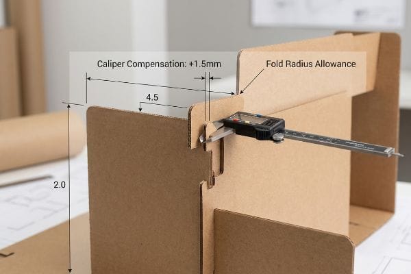 Caliper Compensation Measurement Brown corrugated cardboard being measured by a digital caliper, showing Caliper Compensation: +1.5mm and Fold Radius Allowance for precise dieline tolerances.