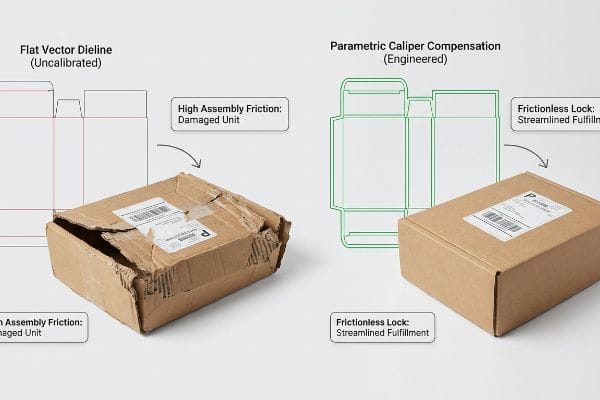 Uncalibrated dieline's damaged box (High Assembly Friction) versus engineered dieline's perfect box (Frictionless Lock).
