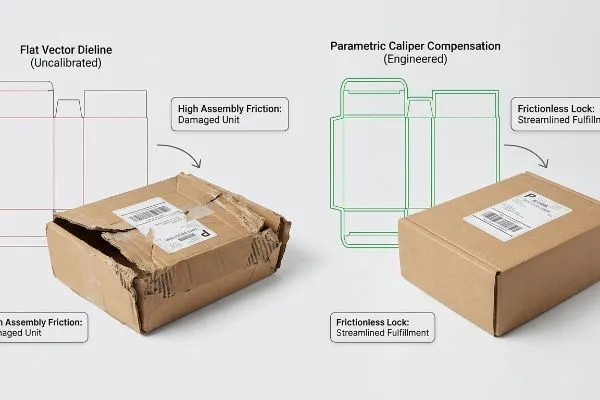Comparación de compensación de troqueles Caja dañada de una matriz sin calibrar (alta fricción de montaje) frente a caja perfecta de una matriz diseñada (bloqueo sin fricción).